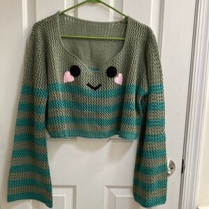Crochet crop top bell sleeves sweater smiley face heart stripe 0x 12 - 14 green